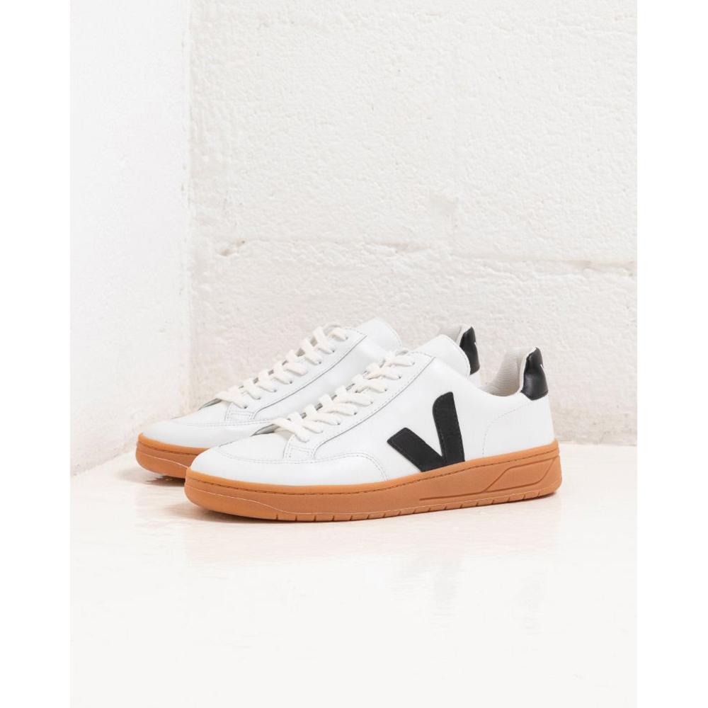 Veja V-12 LEATHER Women's Sneakers White/Black/Beige | CA 670LIS